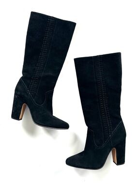 Vince Camuto Black Suede Stitched Coranna Pointed Toe Mid-Calf Heeled Boots